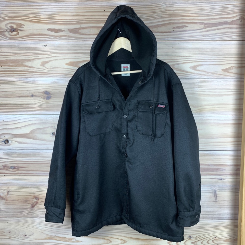 Dickies Hooded Shirt Jacket Mens XL Black Heavyweight Twill Fleece Streetwear